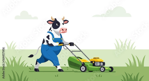 Obraz A Determined Cartoon Cow Mowing the Lawn with Overalls and Grumpy Expression