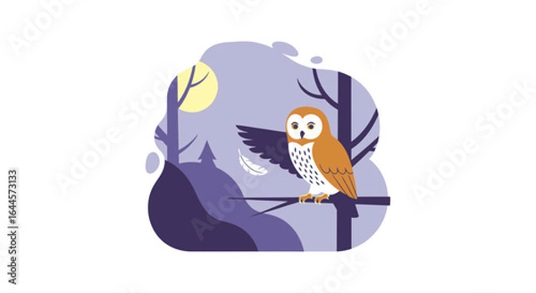 Fototapeta An enchanting illustration of an owl perched on a branch in a serene forest landscape during a full moon night