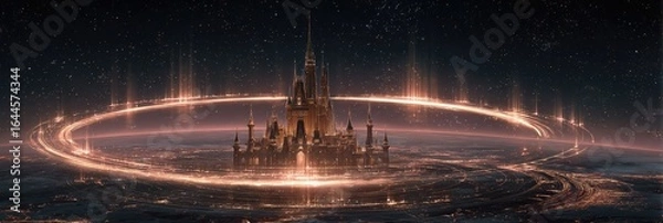 Fototapeta A majestic castle, illuminated by a glowing celestial ring, sits amidst a star-studded expanse.  The scene evokes fantasy and wonder