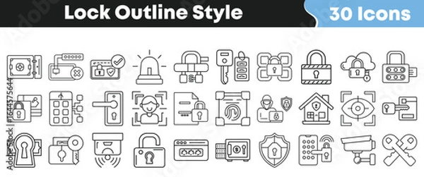 Fototapeta Lock outline style icon set with 30 modern security, privacy, and access control symbols for physical and digital protection in vector format