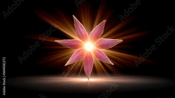 Obraz Glowing pink flower with radiating golden light against a dark background