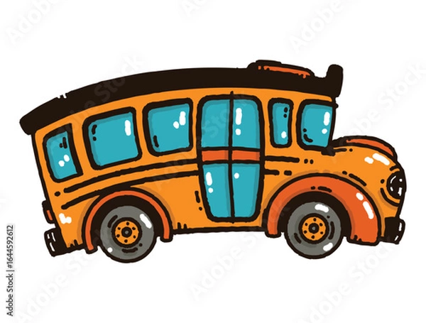 Fototapeta Cute cartoon school bus side view in doodle hand-drawn vector style. Isolated on a white background.