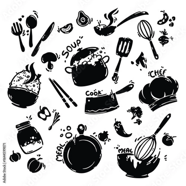 Fototapeta Doodle kitchen utensil set in hand-drawn vector style. Isolated on a white background.