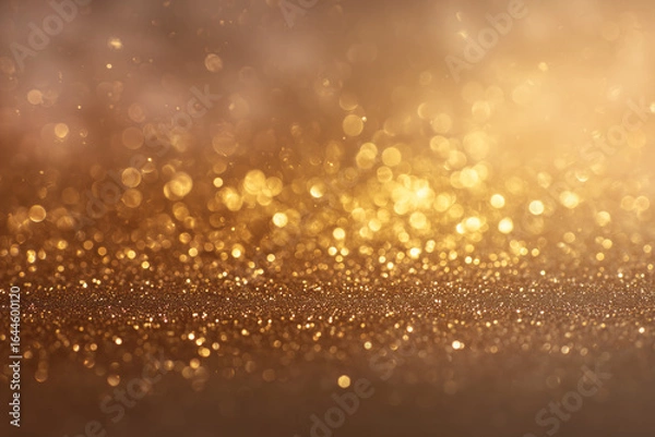 Fototapeta Golden festive bokeh with sparkling light reflections, warm luxury abstract background