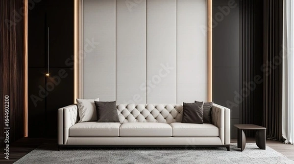 Fototapeta A modern interior featuring a stylish cream sofa with tufted design, complemented by chic cushions and elegant lighting against a dark wall.