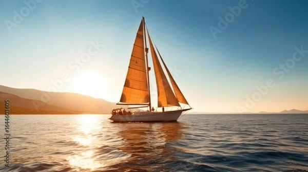 Fototapeta A sailboat sailing on the ocean at sunset, with a clear blue sky and mountains in the background.