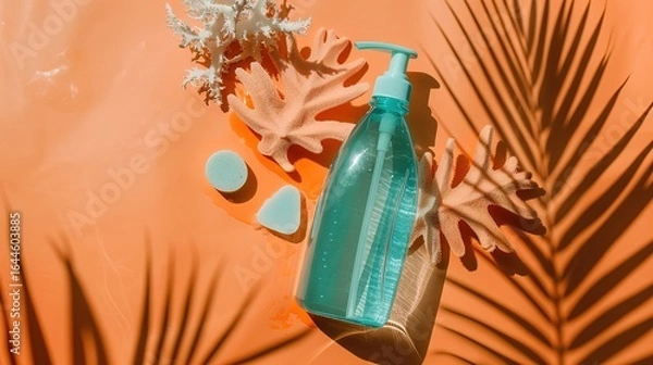 Obraz A two tone teal and orange body wash bottle accompanied by coral leaves and sponges rests on an orange background, creating a vibrant and fresh scene ideal for bathroom, skincare, and personal care 