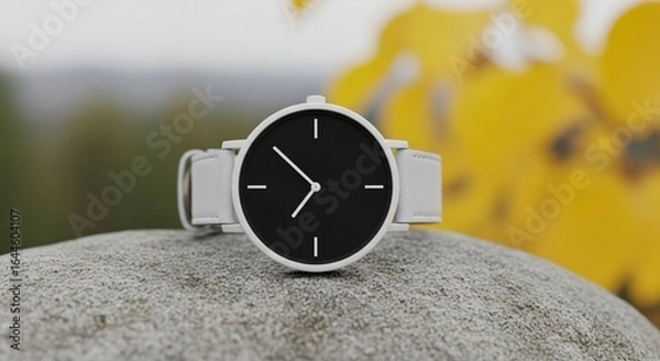 Fototapeta Modern minimalist watch with white strap on stone, autumn background