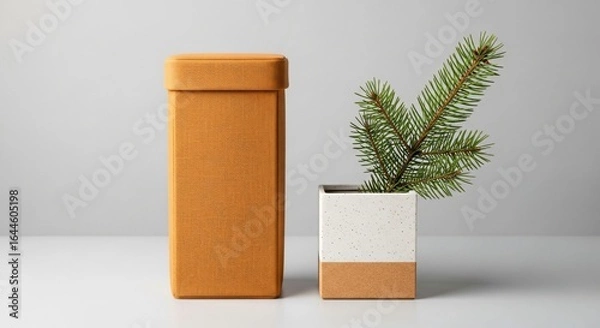 Fototapeta Modern orange container and speckled vase with pine branch