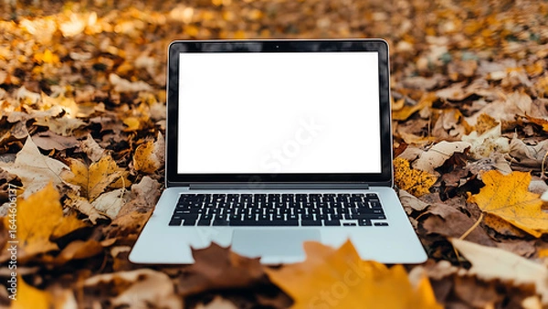 Fototapeta Laptop amid fall foliage, depicting an autumn work theme. The screen is blank.
