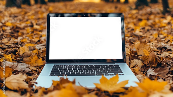 Fototapeta Laptop amid fall foliage, depicting an autumn work theme. The screen is blank.