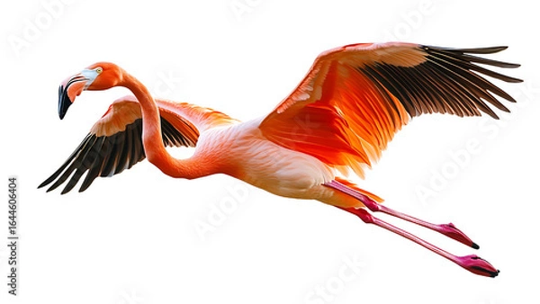 Fototapeta A flamingo in flight. This flamingo is pink with black wingtips. The background is transparent.