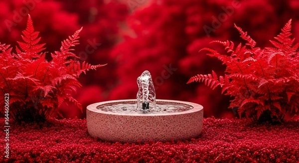 Fototapeta Vibrant red ferns frame serene fountain, creating tranquil garden oasis