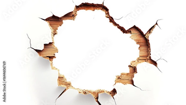 Fototapeta a hole ripped in the white paper, revealing the wood grain beneath.