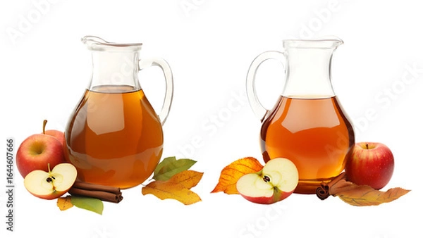 Fototapeta Two jugs of apple cider are displayed alongside fresh apples, cinnamon sticks, and autumn leaves.