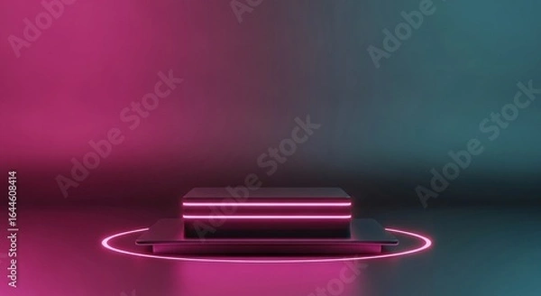 Fototapeta Futuristic neon podium for product display with glowing lights