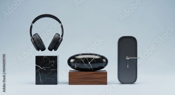 Fototapeta Modern product arrangement featuring headphones, stone, and abstract object