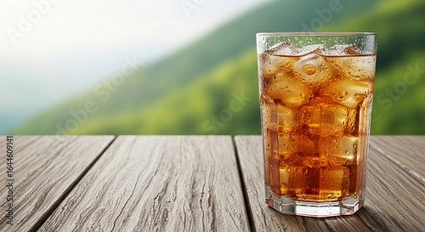 Fototapeta Refreshing iced tea glass on rustic wood table with blurred nature background