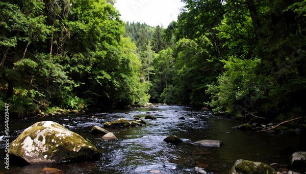 Fototapeta River flowing through lush forest