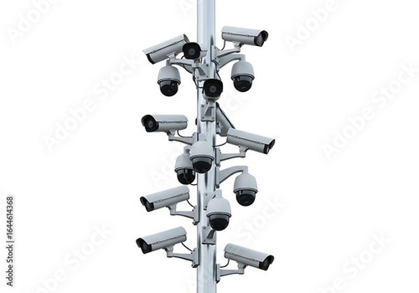 Fototapeta Multiple surveillance cameras mounted on a pole isolated on white background