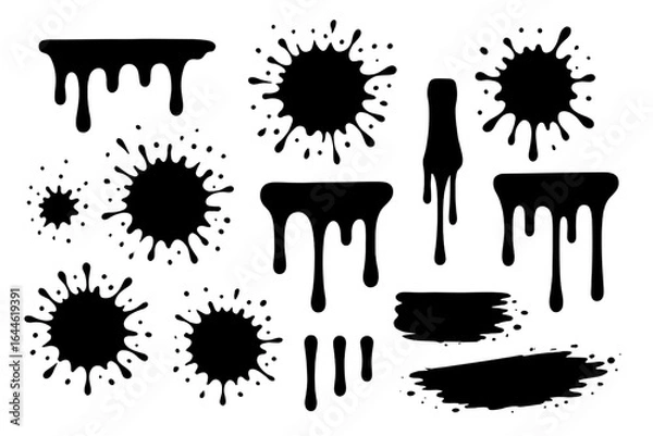 Obraz Black paint drips, ink drops and splatters set. Dripping liquid stains and splashes. Grunge dirty shapes, blobs and silhouettes vector illustration collection isolated.