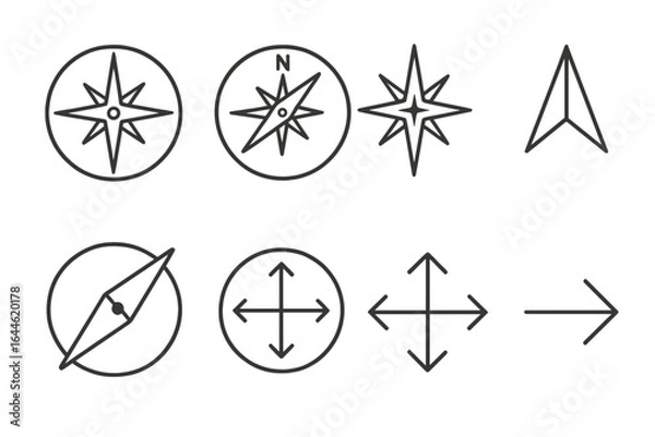 Fototapeta Compass and navigation line icon set. Direction symbols, wind rose, and arrow pointers for travel, maps, and location finding concepts. Vector minimal illustration pack.