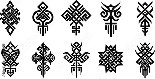 Obraz Set of 10 Intricate Tribal Tattoo Designs – Geometric & Abstract Symmetry