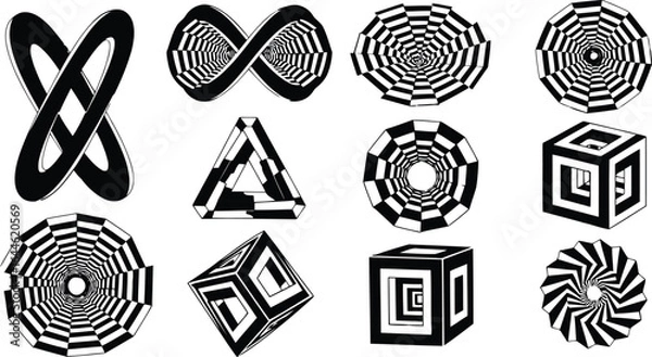 Obraz Collection of Optical Illusion Designs – Black and White Geometric Vector Patterns in Grid