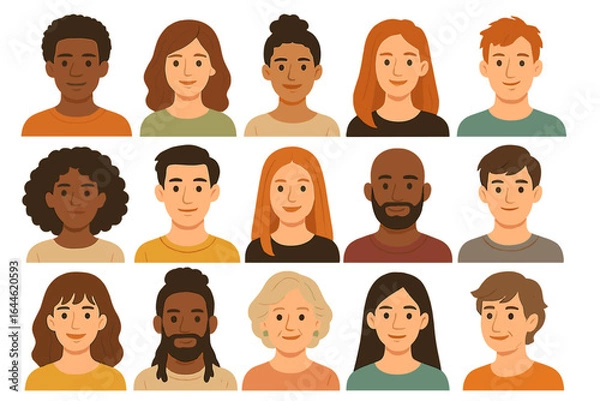 Obraz Multicultural society. Diverse group of people portraits. Men, women, young and senior characters. Various hairstyles and ethnicities. User profile avatar vector icon set.
