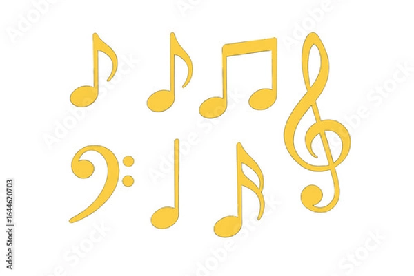 Fototapeta Golden music notes vector icon set. Treble clef, bass clef, melody and rhythm symbols. Musical notation elements for score, song, audio, and classical concert design.
