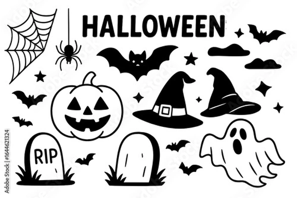 Obraz Halloween icons set. Spooky holiday graphic collection with pumpkin, ghost, bat, witch hat, spider, web, and tombstone. Cute creepy doodle vector illustrations for party.
