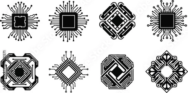 Obraz Set of Geometric Circuit-Inspired Designs – Black and White Vector Icons of Electronic Patterns.