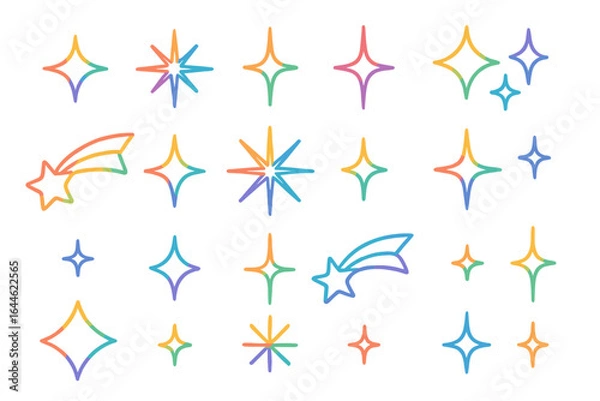 Fototapeta Colorful star sparkle line art set. Starburst icons and shooting stars collection. Twinkling sparkle shapes in vibrant rainbow gradient colors for creative design and celebration.