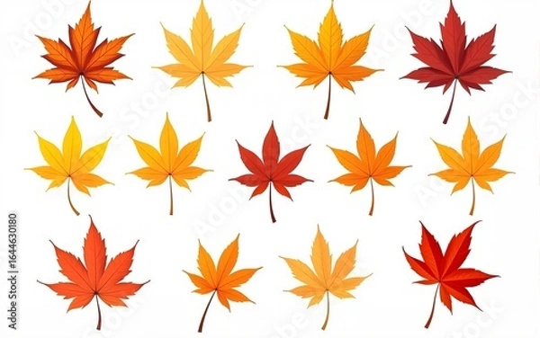 Fototapeta Collection set of yellow orange red maroon autumn fall maple leaf leaves on transparent background cutout, PNG file. Many different design Mockup template for artwork. High quality