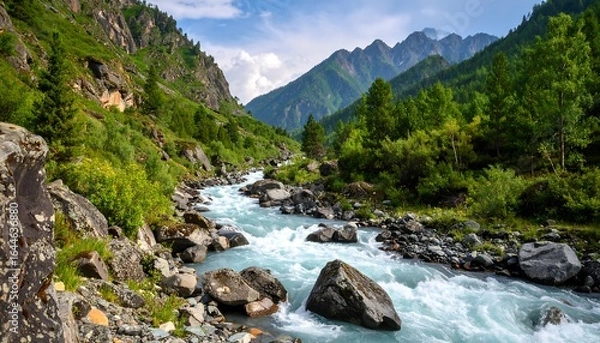 Fototapeta Majestic mountain river cutting through lush green valley with rocky edges