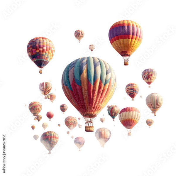Fototapeta A vibrant cluster of hot air balloons ascends, showcasing a diverse array of colors and patterns against a clear sky