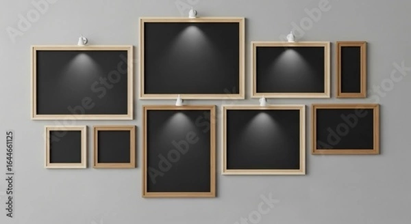 Fototapeta Gallery wall display with empty frames and spotlights, modern chic