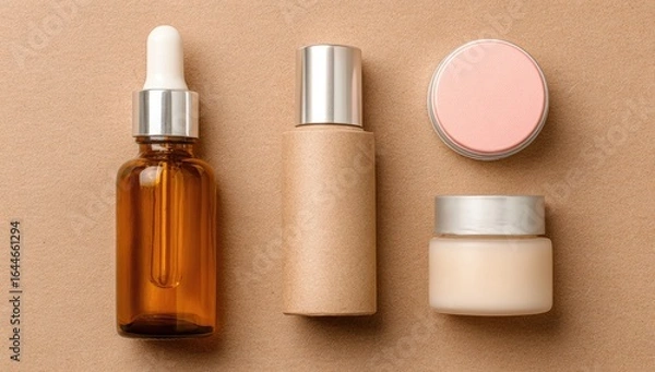 Fototapeta Flat lay of amber glass dropper bottle, kraft pump bottle, and two cream jars on beige background