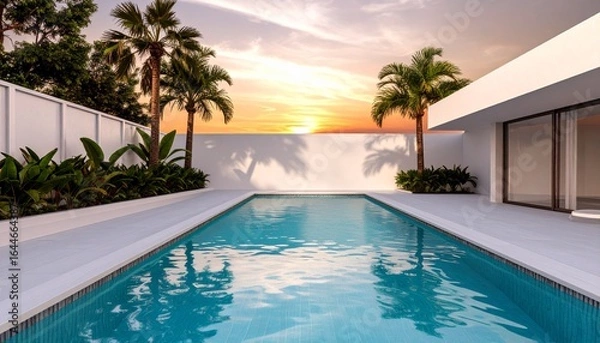 Fototapeta private swimming pool surrounded by a white modern wall