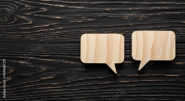 Fototapeta Two wooden speech bubbles on dark textured background
