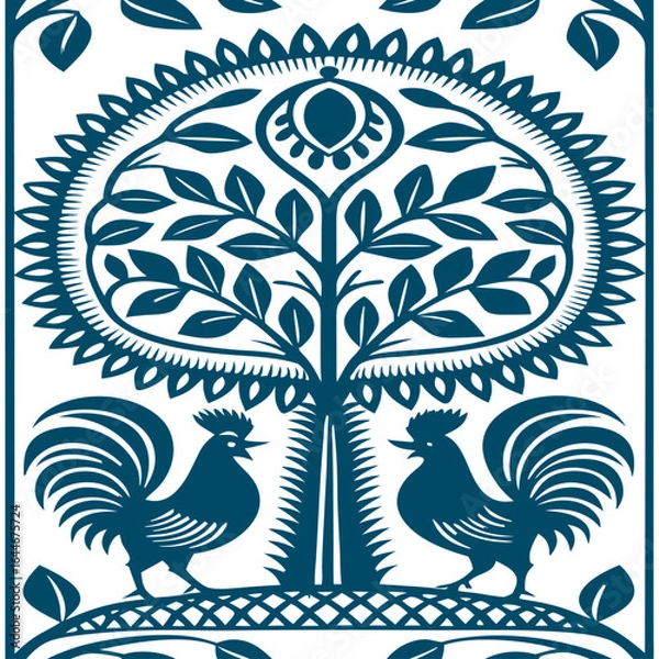 Obraz Folk Tree Rooster Seamless Pattern