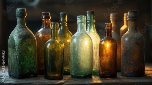 Fototapeta Aged glass bottles on a wooden table