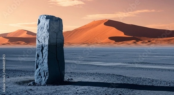 Fototapeta Ancient monolith stands tall in vast desert landscape at sunset