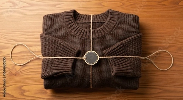 Fototapeta Cozy brown sweater neatly folded and tied with twine, ready for gifting