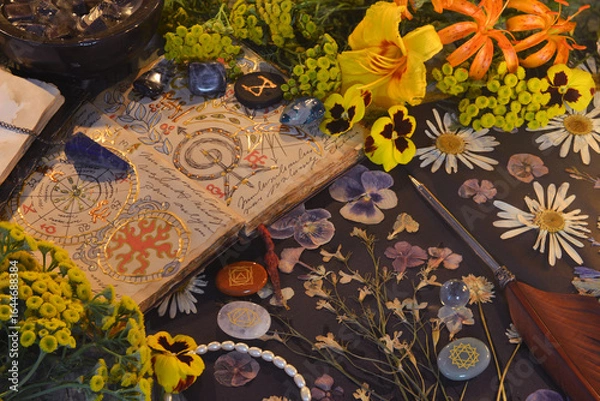 Fototapeta Mystic still life with open magic book of spells, flowers, crystals, black candles and witchy ritual objects.  No foreign language, only fantasy symbols