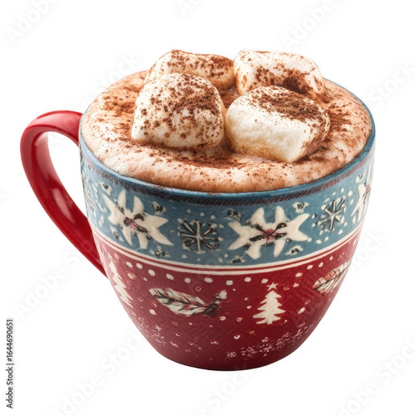 Fototapeta A mug of hot chocolate top with marshmallow and coco powder, Christmas theme mug, isolated [Transparent Background PNG].