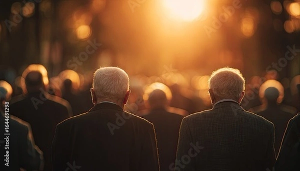 Obraz Two elderly men's backs are shown, silhouetted against a large crowd at sunset, bathed in warm golden light