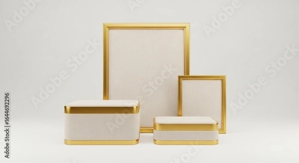Fototapeta Elegant gold frames and pedestals showcase product presentation