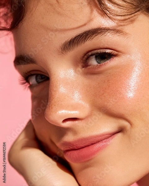 Fototapeta Closeup of a young woman using leavein conditioner smooth radiant skin natural beauty look soft lighting isolated on a pastel background premium cosmetic photography
