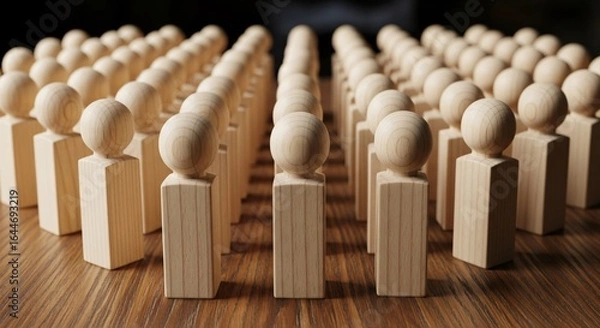 Fototapeta Many wooden peg people stand in rows on a wooden surface